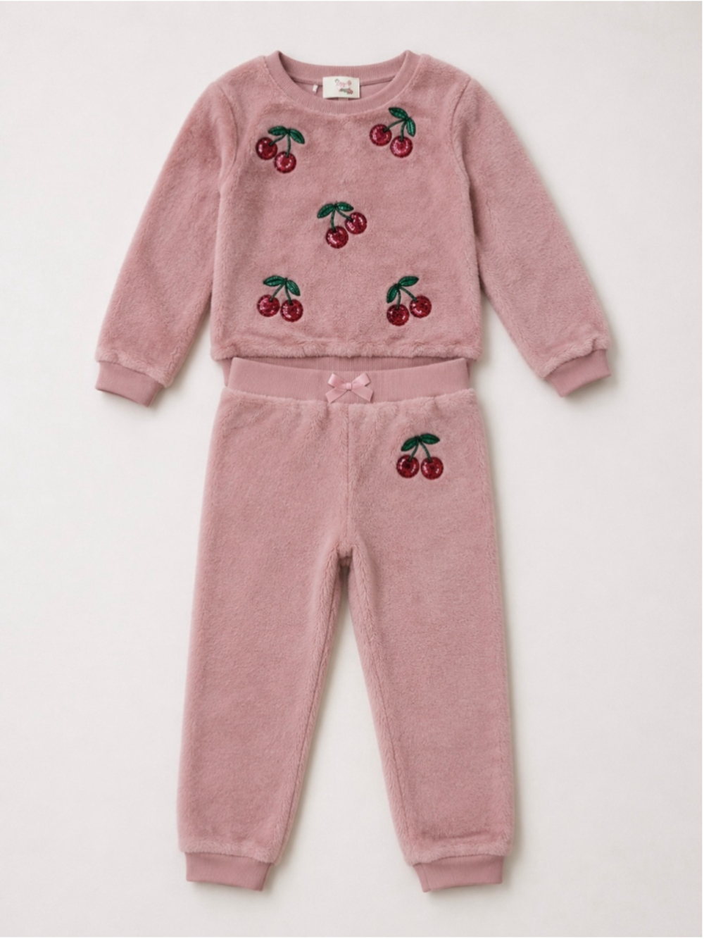 Derek Heart Girls Pink Cherry Sequin Sherpa Fleece Sweatshirt & Jogger Set - Picture 10 of 12